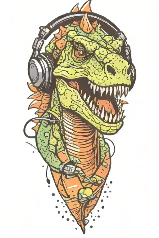 dinosaur wearing headphones meteor shower tattoo design idea
