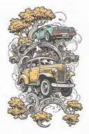 Car racing through forrest with magic surround it and music playing, back of leg  tattoo design idea