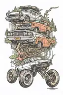 Car racing through forrest with magic surround it and music playing, back of leg  tattoo design idea