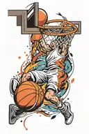 A dynamic tattoo design featuring a basketball player dunking a pokeball into a hoop, symbolizing the client's love for sports and pokemon tattoo design idea