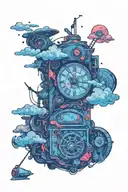 colorful Time machine with clouds in the distance tattoo design idea