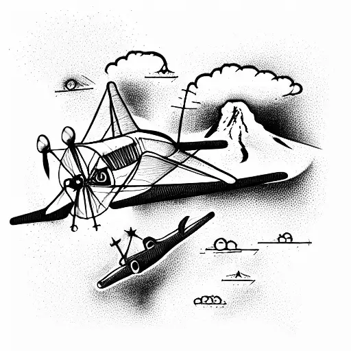  aircraft on the background of the volcano tattoo design idea
