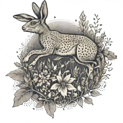 An intricate design of a hare leaping through a field of wildflowers, with a hidden book motif incorporated tattoo design idea