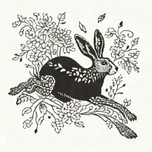 An intricate design of a hare leaping through a field of wildflowers, with a hidden book motif incorporated tattoo design idea