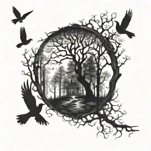 A mystical forest scene with an eerie twist, featuring hauntingly beautiful trees and ghostly birds tattoo design idea