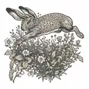 An intricate design of a hare leaping through a field of wildflowers, with a hidden book motif incorporated tattoo design idea