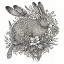 An intricate design of a hare leaping through a field of wildflowers, with a hidden book motif incorporated tattoo design idea