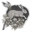 An intricate design of a hare leaping through a field of wildflowers, with a hidden book motif incorporated tattoo design idea