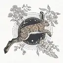 An intricate design of a hare leaping through a field of wildflowers, with a hidden book motif incorporated tattoo design idea
