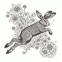 An intricate design of a hare leaping through a field of wildflowers, with a hidden book motif incorporated tattoo design idea
