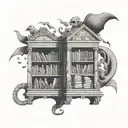 A whimsical design of a haunted library, with ghostly books floating in the air and mysterious creatures peeking out from the shelves tattoo design idea