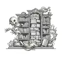 A whimsical design of a haunted library, with ghostly books floating in the air and mysterious creatures peeking out from the shelves tattoo design idea