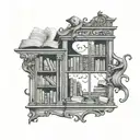 A whimsical design of a haunted library, with ghostly books floating in the air and mysterious creatures peeking out from the shelves tattoo design idea