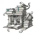 A whimsical design of a haunted library, with ghostly books floating in the air and mysterious creatures peeking out from the shelves tattoo design idea