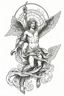 Create a full sleeve tattoo featuring Michael Archangel, Archangel Rafael, and Archangel Gabriel in a dynamic and powerful composition tattoo design idea