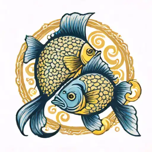 2 fish swimming in circle one has dark blue head fading to a yellow tail, the other is reverse colors. tattoo design idea