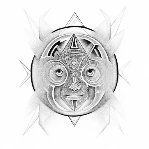 A black tattoo, which integrates elements of sacred geometry, pre-Columbian art and the Mayan god Itzamna. must be a thi tattoo design idea