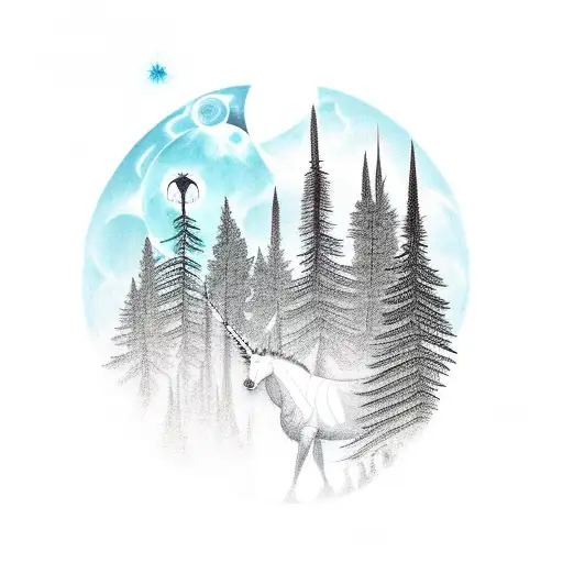  a tattoo of a highland forest, with vegetation and a moonlight that illuminates a unicorn tattoo design idea