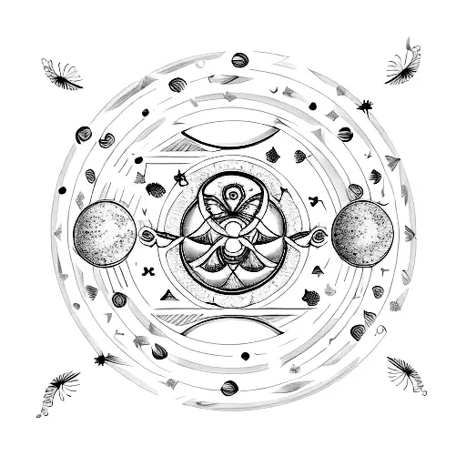 A minimalist design of a crescent moon with the Gemini zodiac sign incorporated into its shape, surrounded by a swarm of tiny butterflies. tattoo design idea