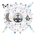 Love yourself femine heart shape, with orchids and butterfly around with a small moon tattoo design idea