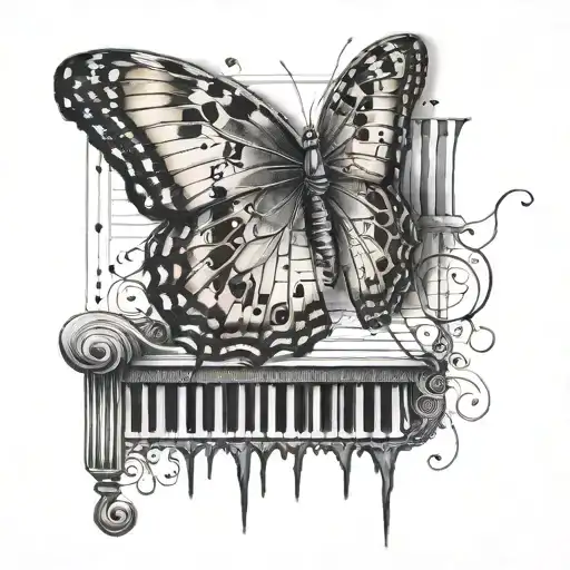 A realistic portrait of a butterfly perched on a musical staff, blending your interests in music and butterflies in a lifelike way tattoo design idea