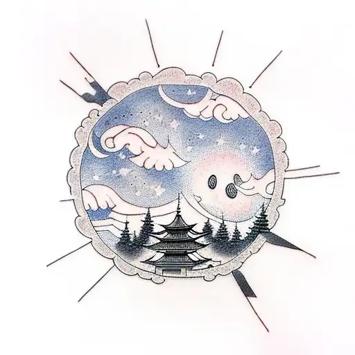 A dotwork tattoo of a mesmerizing anime-inspired sky with shooting stars and a traditional Japanese lantern floating amidst the clouds tattoo design idea