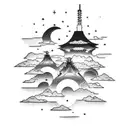 A dotwork tattoo of a mesmerizing anime-inspired sky with shooting stars and a traditional Japanese lantern floating amidst the clouds tattoo design idea