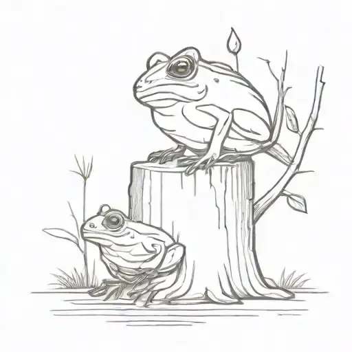 Frog and a cardinal sitting on a tree stump tattoo design idea
