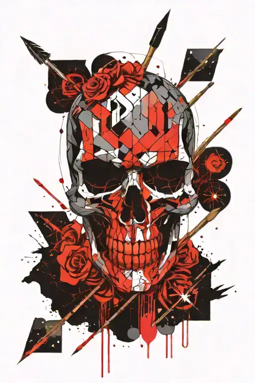 geometric shapes, dots, ect. names incorporated (Theodore, Adeline & Willow) punisher skull, arrows, in black and grey tattoo design idea