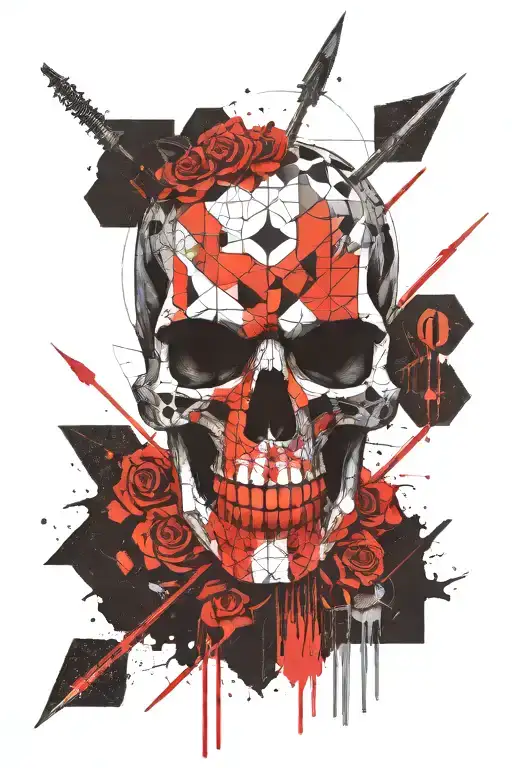 geometric shapes, dots, ect. names incorporated Theodore, Adeline & Willow. Small Punisher skull to the right side. Fire tattoo design idea