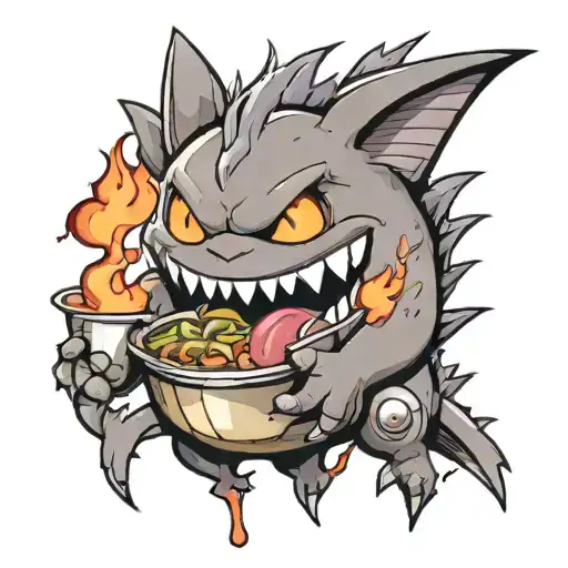 A tattoo of a Gengar Pokemon cooking up a storm in the kitchen in a black-grey style tattoo design idea