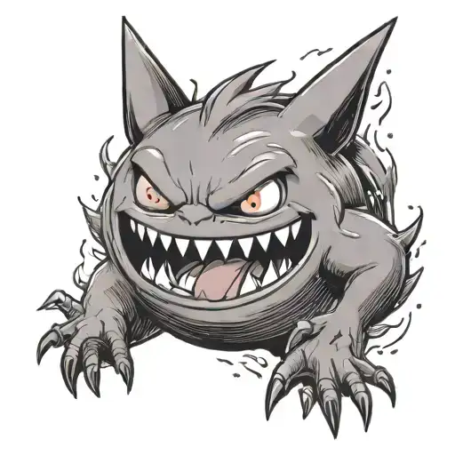 A tattoo of a Gengar Pokemon cooking up a storm in the kitchen in a black-grey style tattoo design idea