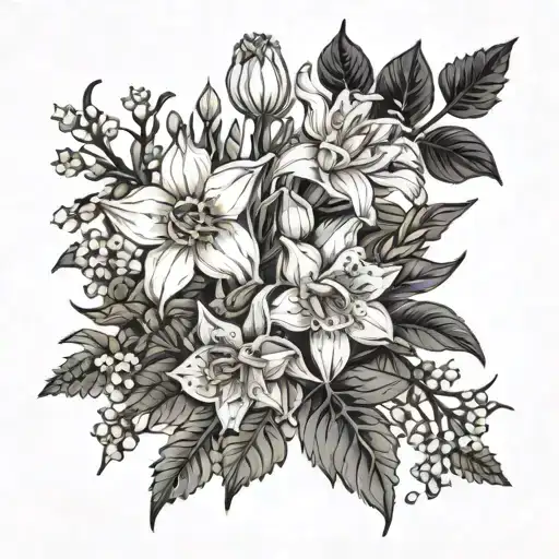 black flower bouquet with Daffodil, daisy, lily of the valley, honeysuckle, larkspur gladiolus, chrysanthemum tattoo design idea