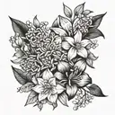 black flower bouquet with Daffodil, daisy, lily of the valley, honeysuckle, larkspur gladiolus, chrysanthemum tattoo design idea