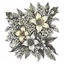 black flower bouquet with Daffodil, daisy, lily of the valley, honeysuckle, larkspur gladiolus, chrysanthemum tattoo design idea