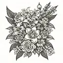 black flower bouquet with Daffodil, daisy, lily of the valley, honeysuckle, larkspur gladiolus, chrysanthemum tattoo design idea