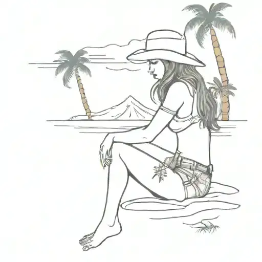 sexy petite cowgirl sitting in beach with palm trees tattoo design idea
