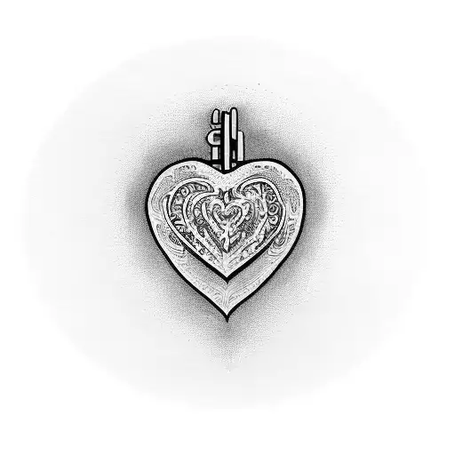 An intricate design of a heart with the German words for family, love, hope, and struggle incorporated within tattoo design idea