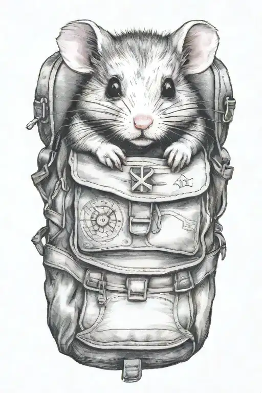 A black-grey tattoo of a cute hamster wearing a tiny backpack, ready for a family adventure. add Ponce Puerto Rico flag tattoo design idea