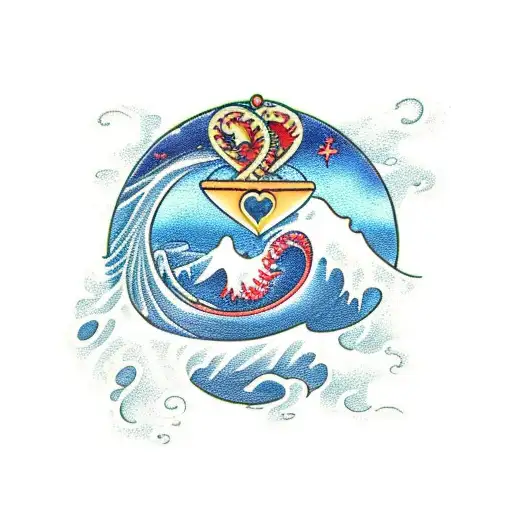 Ocean Wave with tank and Ace of hearts  tattoo design idea