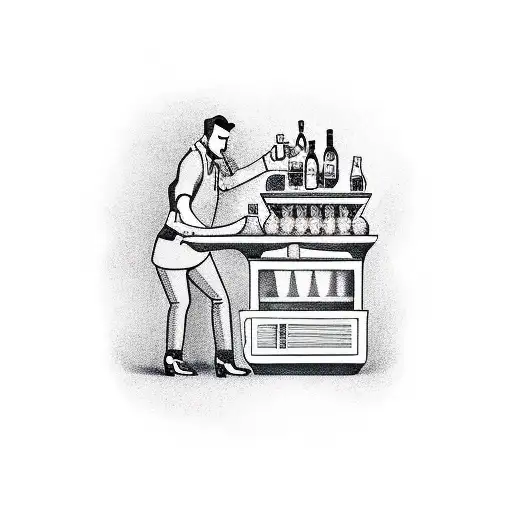 A bartender mixing drinks with musical instruments in the background tattoo design idea