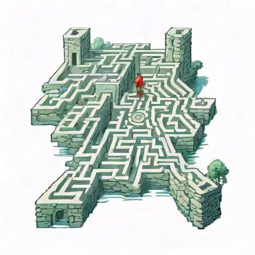 A boy with a big ambition trying to cross a river but stuck in a maze tattoo design idea