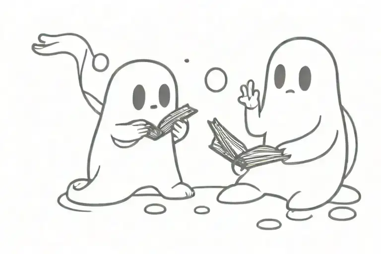 a cute ghost trying to read a book peacefully while the other cute ghost is throwing stones at him to get his attention tattoo design idea