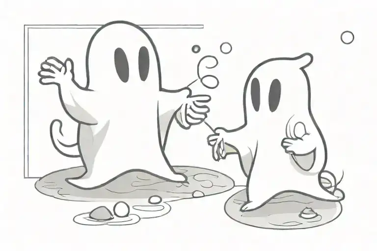  one cute ghost trying to read peacefully while the other cute ghost is throwing stones at him to get his attention tattoo design idea