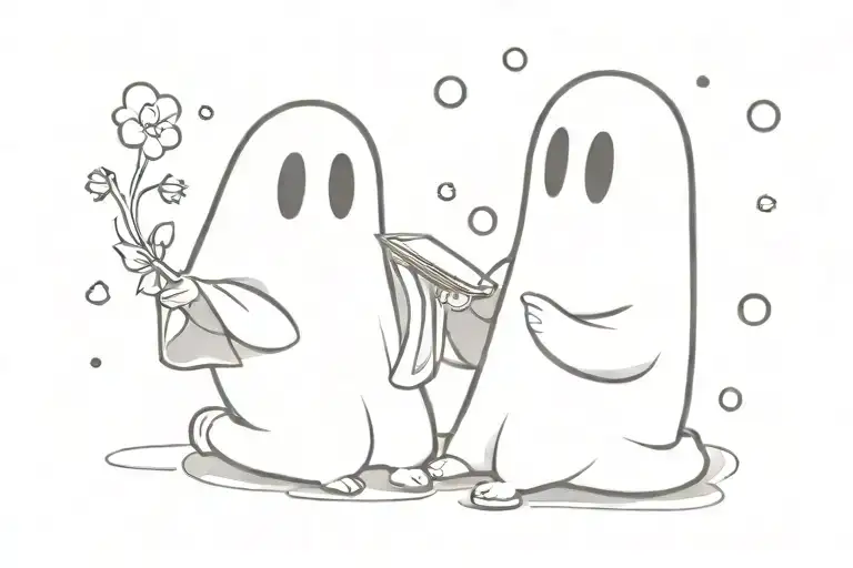  one cute ghost trying to read peacefully while the other cue ghost throw little stones at him trying to get his attenti tattoo design idea