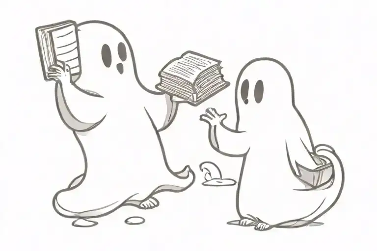 a cute ghost trying to read a book peacefully while the other ghost is just throwing stones at him to get his attention tattoo design idea