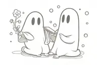  one cute ghost trying to read peacefully while the other cue ghost throw little stones at him trying to get his attenti tattoo design idea
