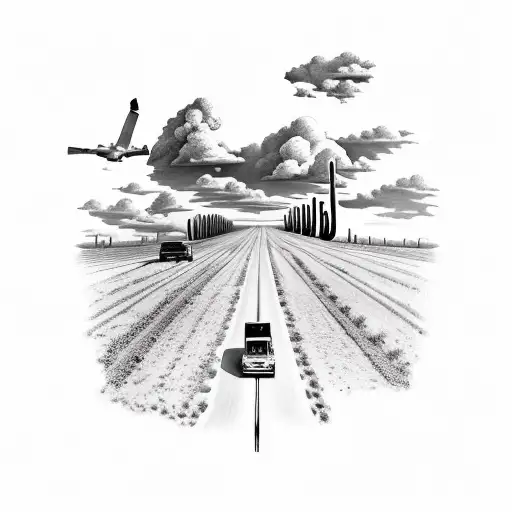 schoolbus driving down a long road with cumulus clouds above. arizona desert on the left and farm on the right tattoo design idea