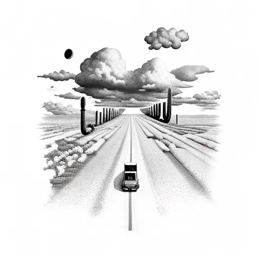 schoolbus driving down a long road with cumulus clouds above. arizona desert on the left and farm on the right tattoo design idea