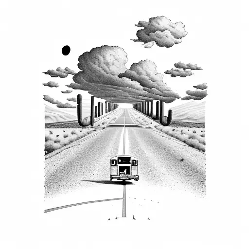 schoolbus driving down a long road with cumulus clouds above. the desert on one side of the road and a farm on the other tattoo design idea